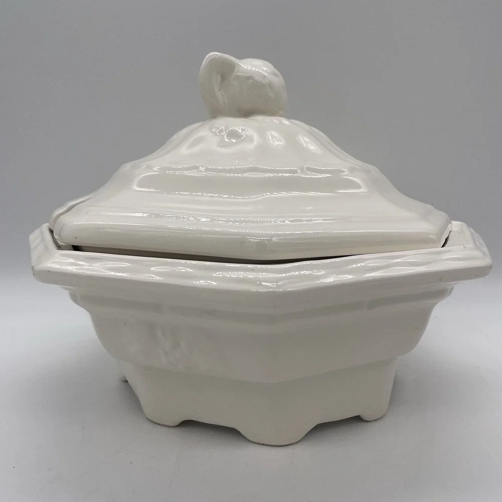 Vintage California Pottery USA Soup Tureen 2qt Octagon White Cream Lidded Lid‎